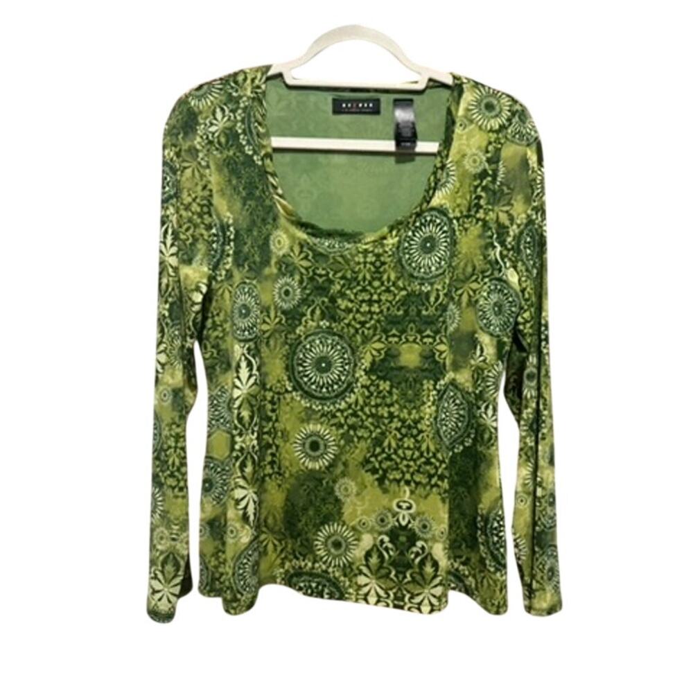Vintage 90s Y2K Green Floral Print Sheer Mesh Long Sleeve Top Womens Large L